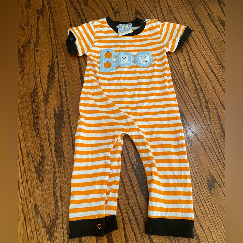 Three Sisters Halloween Boo Baby Infant Orange and White Striped Long Romper 18m
